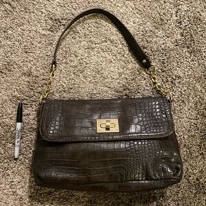Liz Claiborne Brown Croc-Embossed Shoulder Bag with Gold Hardware